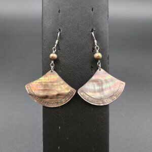 Silver Plated Pearl And Carved Shell Dangle Earrings A6813